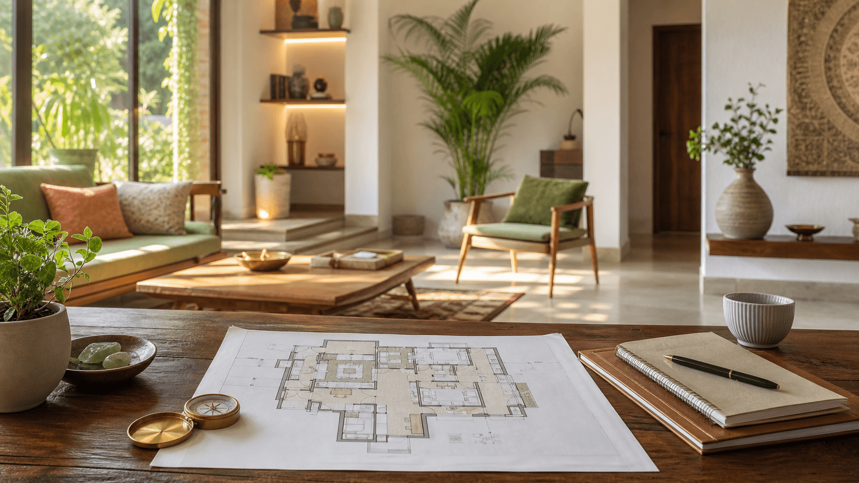 Calm consultation space with natural light and Vastu materials